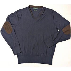 Fairway & Greene Men's Cotton Cashmere V-Neck Sweater, Elbow Patches, L, Navy